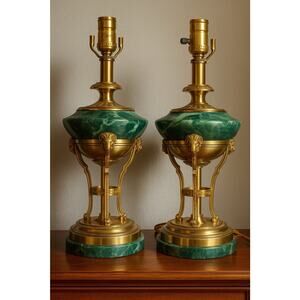Pair Vtg Frederick Cooper Brass Green Marble Malachite Lamps Hollywood Regency